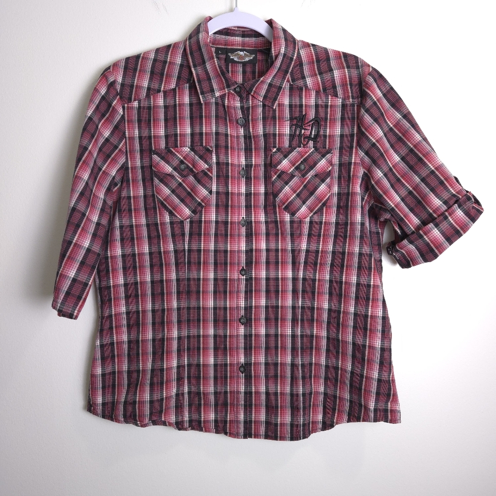 HARLEY DAVIDSON‎ Embroidered Logo Pink Check 3/4 Sleeve Casual Shirt L - Picture 5 of 8